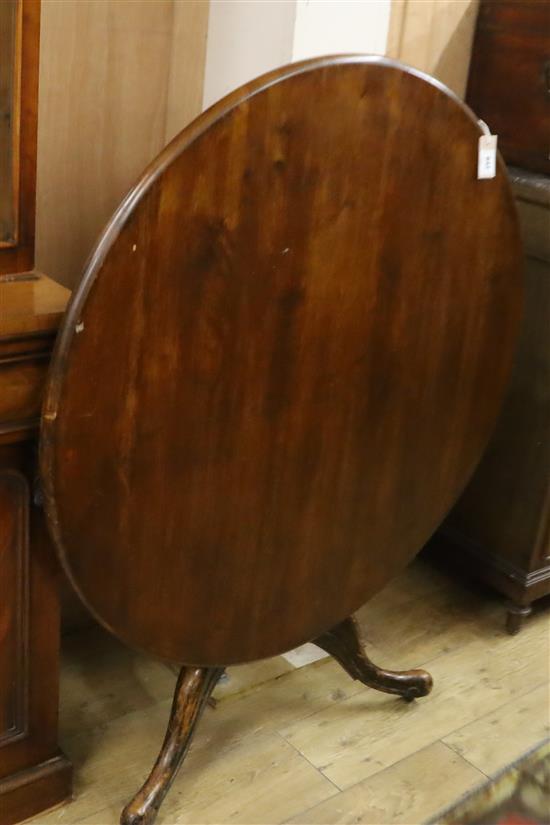 A George III style mahogany circular tilt top breakfast table (the base wormed) Diameter 102cm